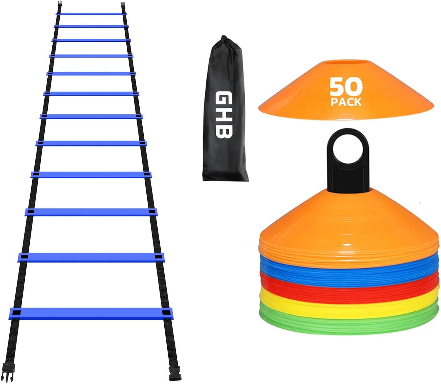 GHB Agility Ladder 1 Pack and Disc Cones 50 Pack 2 Carrying Bag