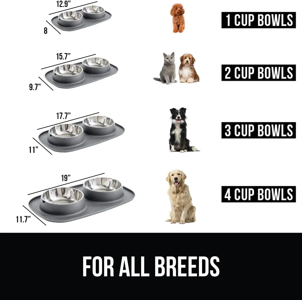GORILLA GRIP Patent Pending 100% Waterproof BPA Free 3 Cup Cat and Dog Bowls Silicone Feeding Mat Set, Stainless Steel Bowl Slip Resistant Raised Edges, Catch Water, Food, Pet Accessories, Gray