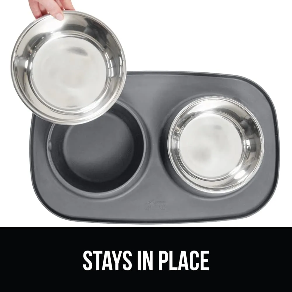 GORILLA GRIP Patent Pending 100% Waterproof BPA Free 3 Cup Cat and Dog Bowls Silicone Feeding Mat Set, Stainless Steel Bowl Slip Resistant Raised Edges, Catch Water, Food, Pet Accessories, Gray