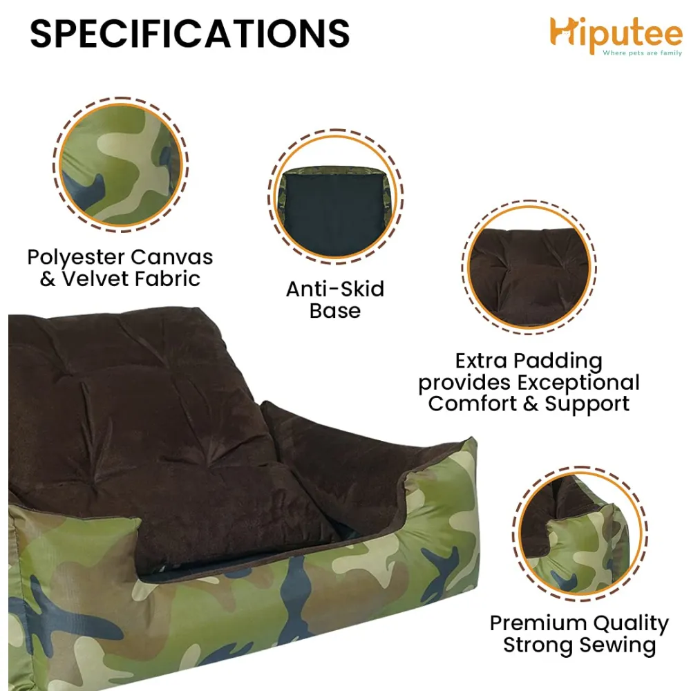 Hiputee Polyester Canvas Velvet Fabric Rectangular Bed for Dogs and Cats (Armyprint)