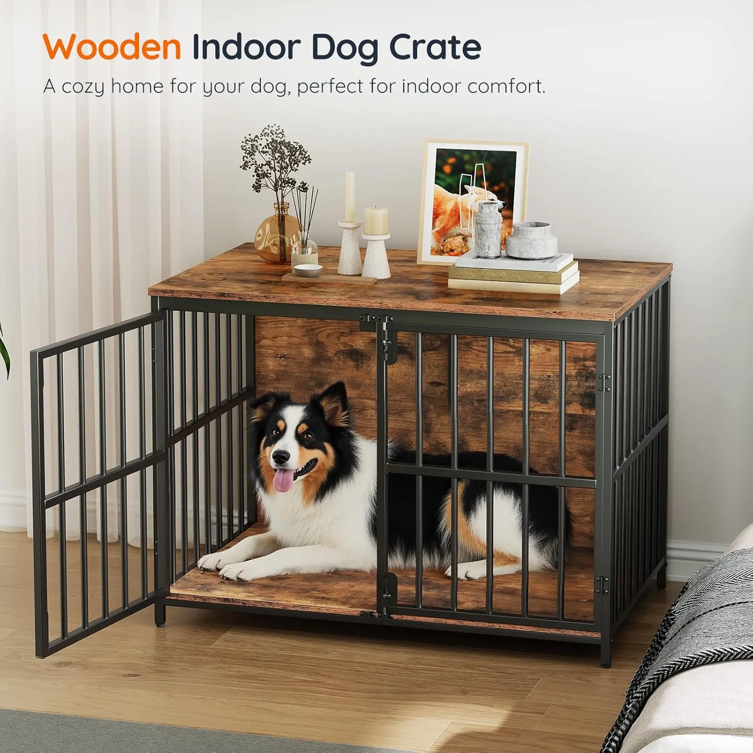 HOOBRO 38.6" Dog Crate Furniture, Wooden Dog Kennel Indoor, Chew-Resistant Heavy Duty Dog Cage for Small/Medium Dog, Decorative Side End Table, Rustic Brown and Black BF100GW03