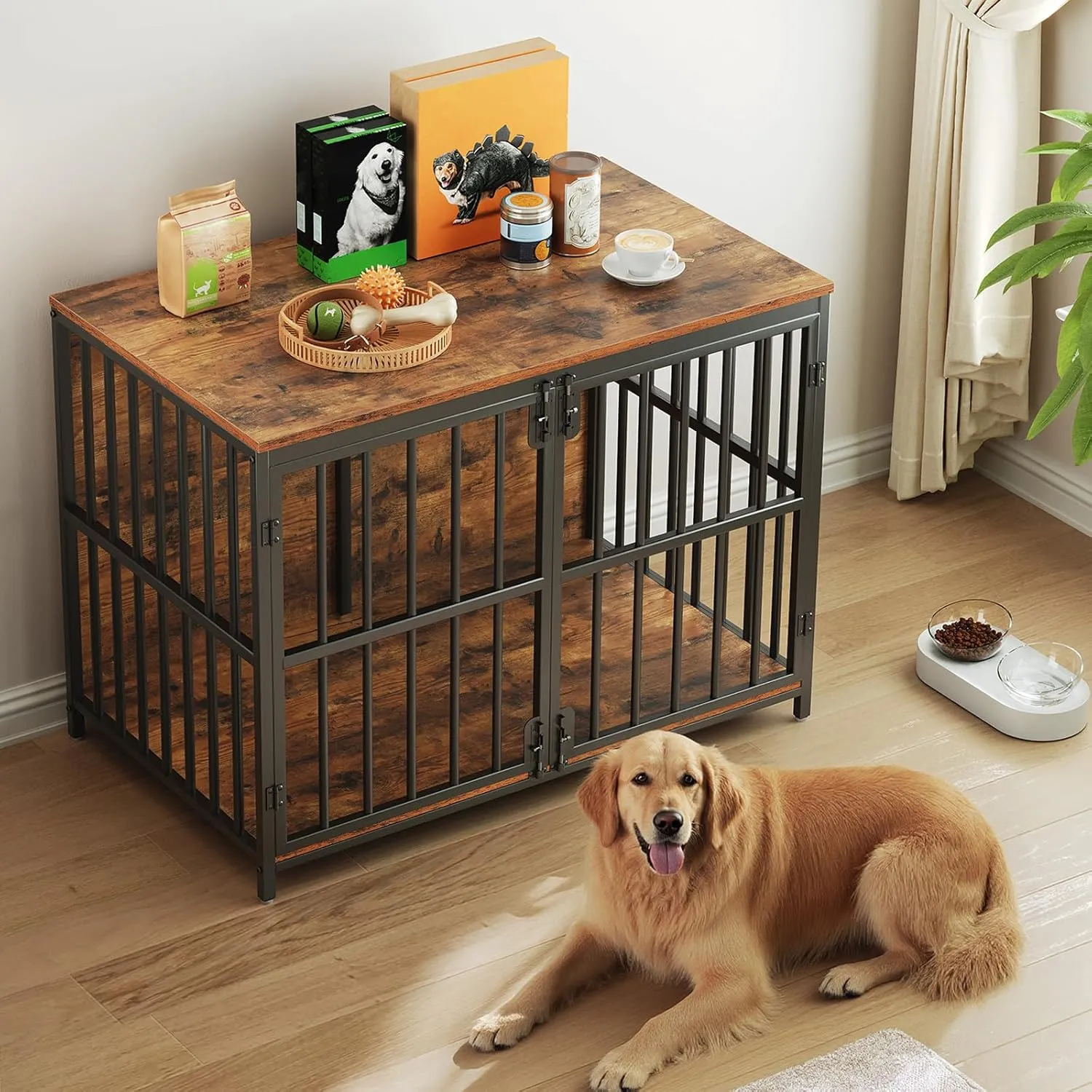 HOOBRO 38.6" Dog Crate Furniture, Wooden Dog Kennel Indoor, Chew-Resistant Heavy Duty Dog Cage for Small/Medium Dog, Decorative Side End Table, Rustic Brown and Black BF100GW03