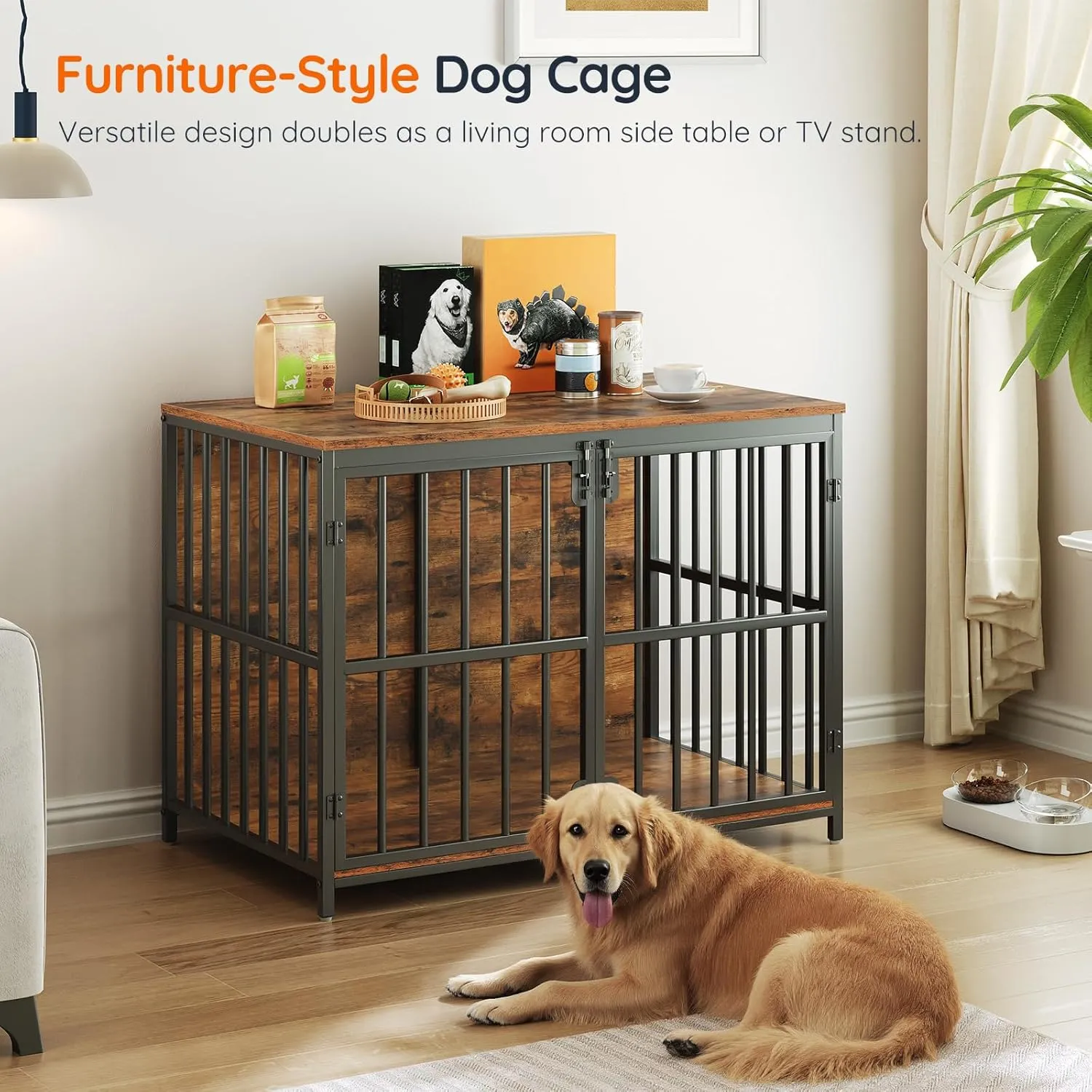HOOBRO 38.6" Dog Crate Furniture, Wooden Dog Kennel Indoor, Chew-Resistant Heavy Duty Dog Cage for Small/Medium Dog, Decorative Side End Table, Rustic Brown and Black BF100GW03