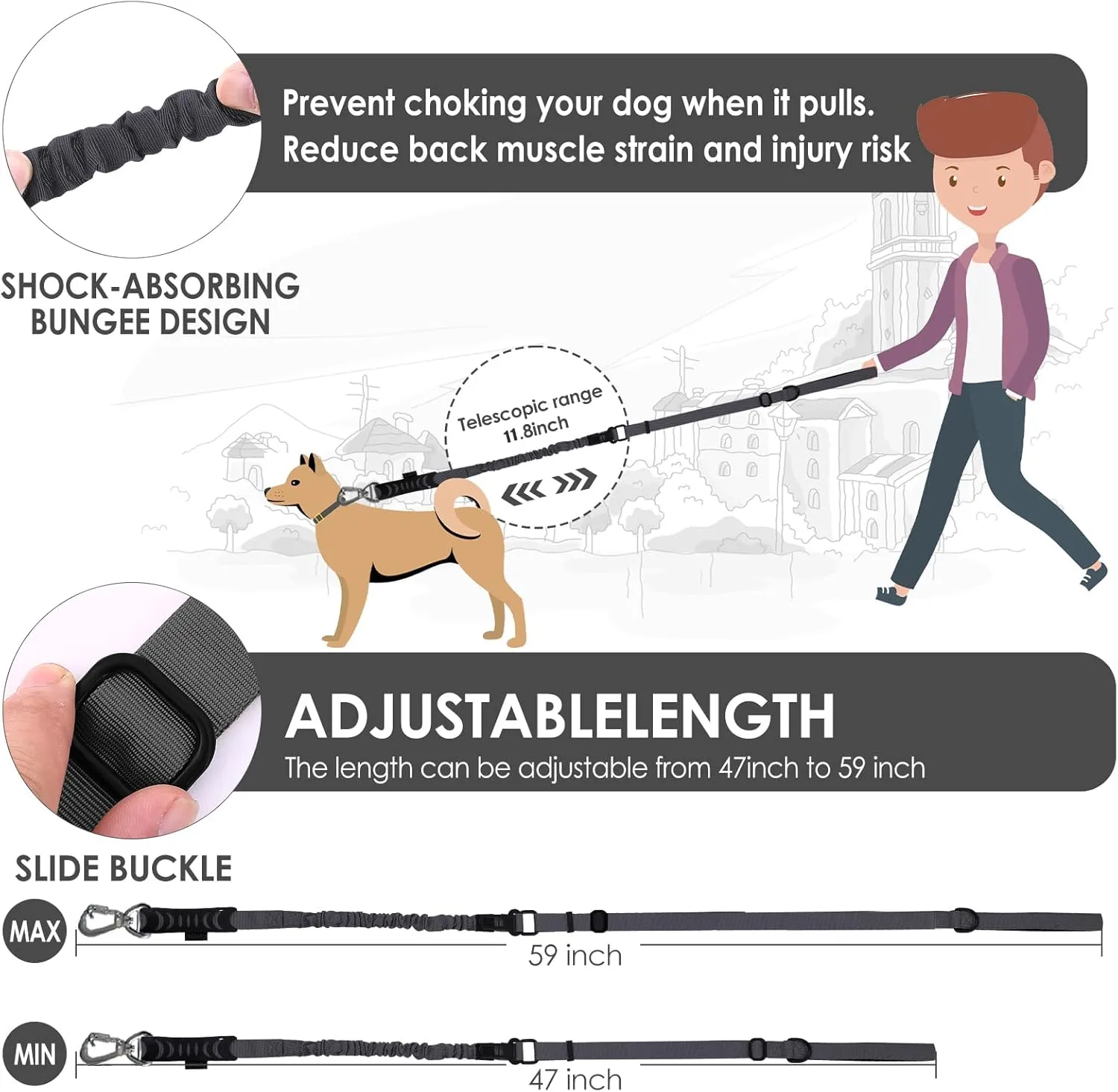 Hotsky Tactical Dog Leash Heavy Duty for Medium Large Dogs That Pull,4-6Ft Strong Bungee Shock Absorbing No Pull Dog Leash with Padded Double Handle and Car Seatbelt,Black