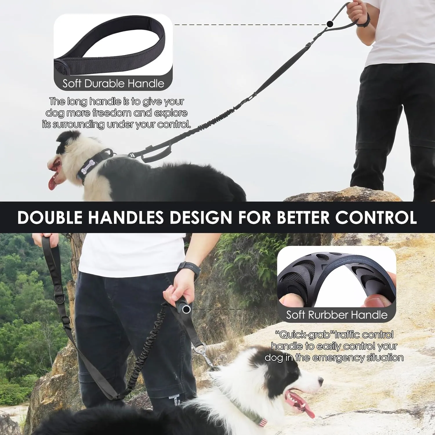 Hotsky Tactical Dog Leash Heavy Duty for Medium Large Dogs That Pull,4-6Ft Strong Bungee Shock Absorbing No Pull Dog Leash with Padded Double Handle and Car Seatbelt,Black