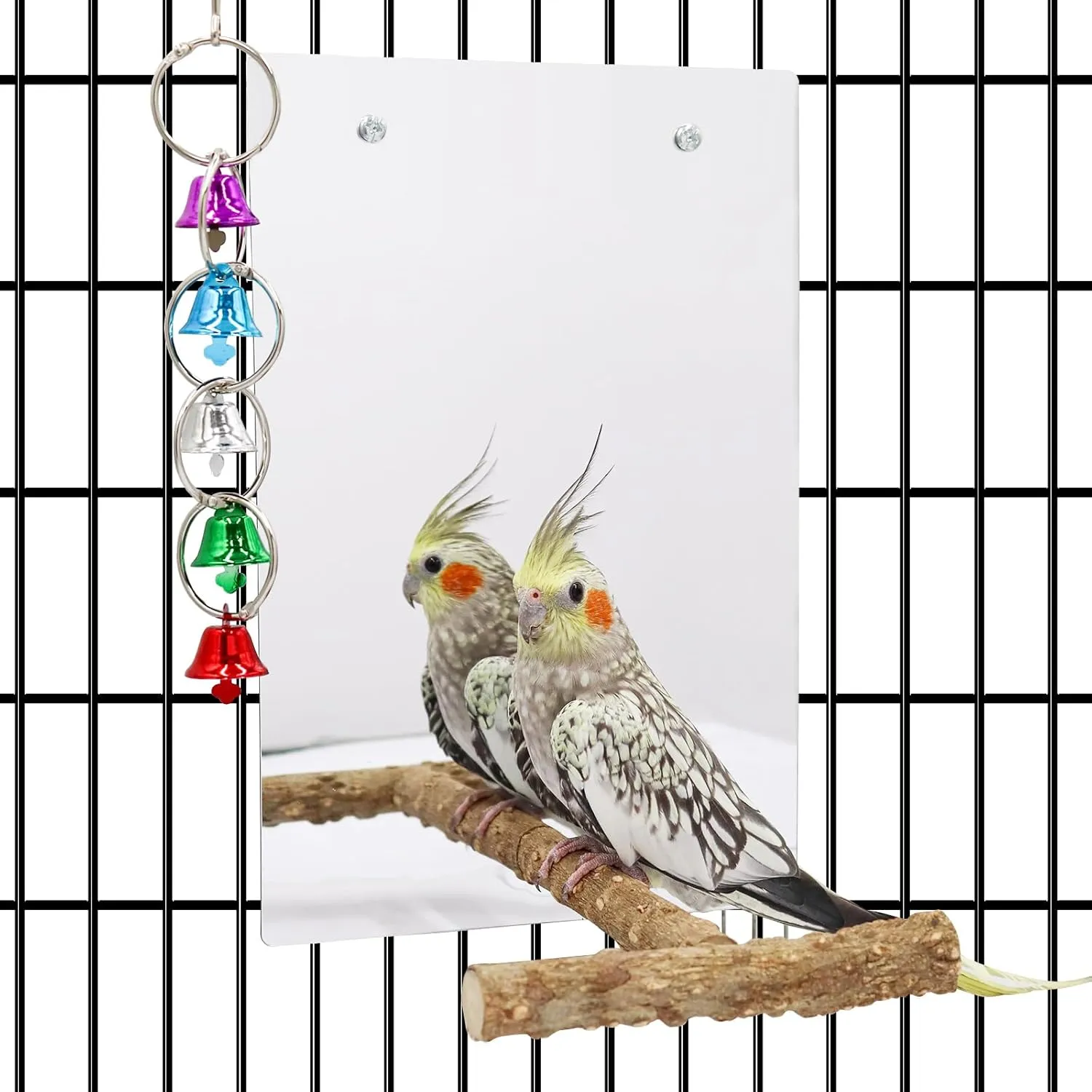 Large Bird Stand Perch with a Mirror and Bells, Bird Toys, Parrot Perch Stand, Cage Accessories for African Grey Budgie Cockatiel Lovebird Conure Small to Medium