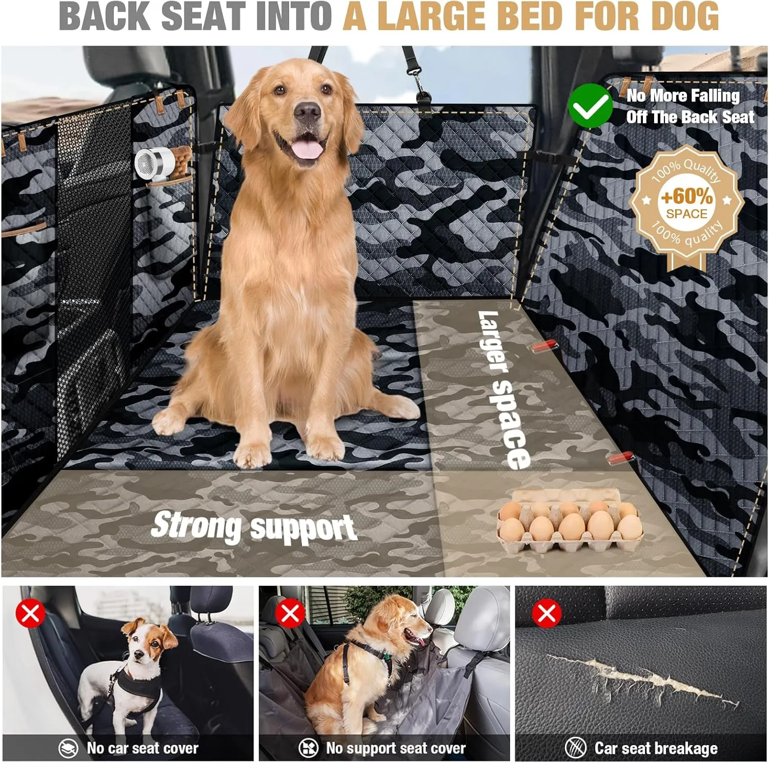 Lekereise Dog Car Seat Cover for Back Seat,Large Hard Bottom Dog Hammock for Car,Camping Air Mattress, Hammock Travel Bed for Truck Car SUV (Camouflage)
