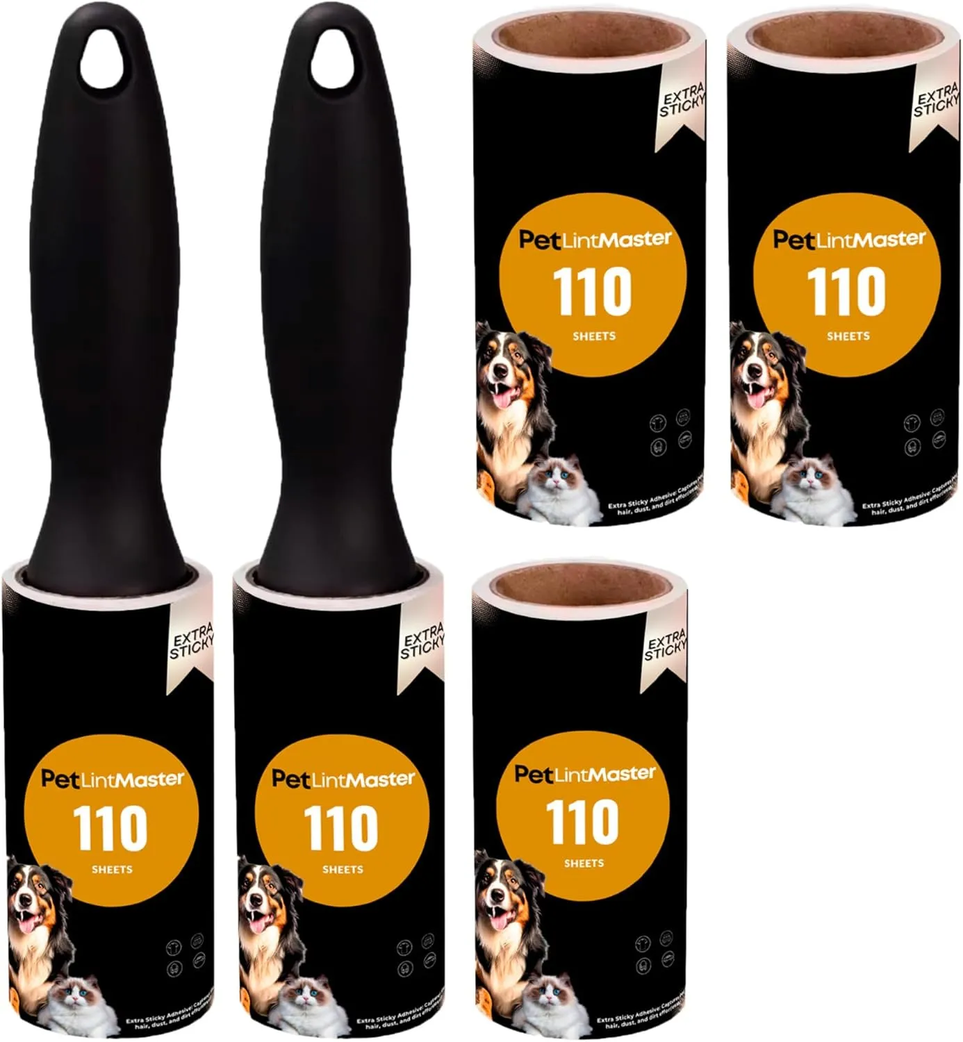 Lint Roller Extra Sticky 5 Pack with 550 Sheets PetLintMaster for Pet Hair, Dust, and Dirt Removal - Perfect for Dogs, Cats, Cars, Clothing, Sofas, and More