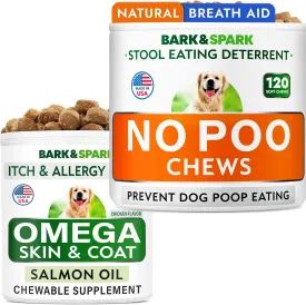 No Poo Chews   Omega 3 Fish Oil Treats Bundle - Stop Dog Poo Eating - Dog Shedding, Skin Allergy, Itch Relief - Digestive Enzymes & Breath Aid Support - Made in USA
