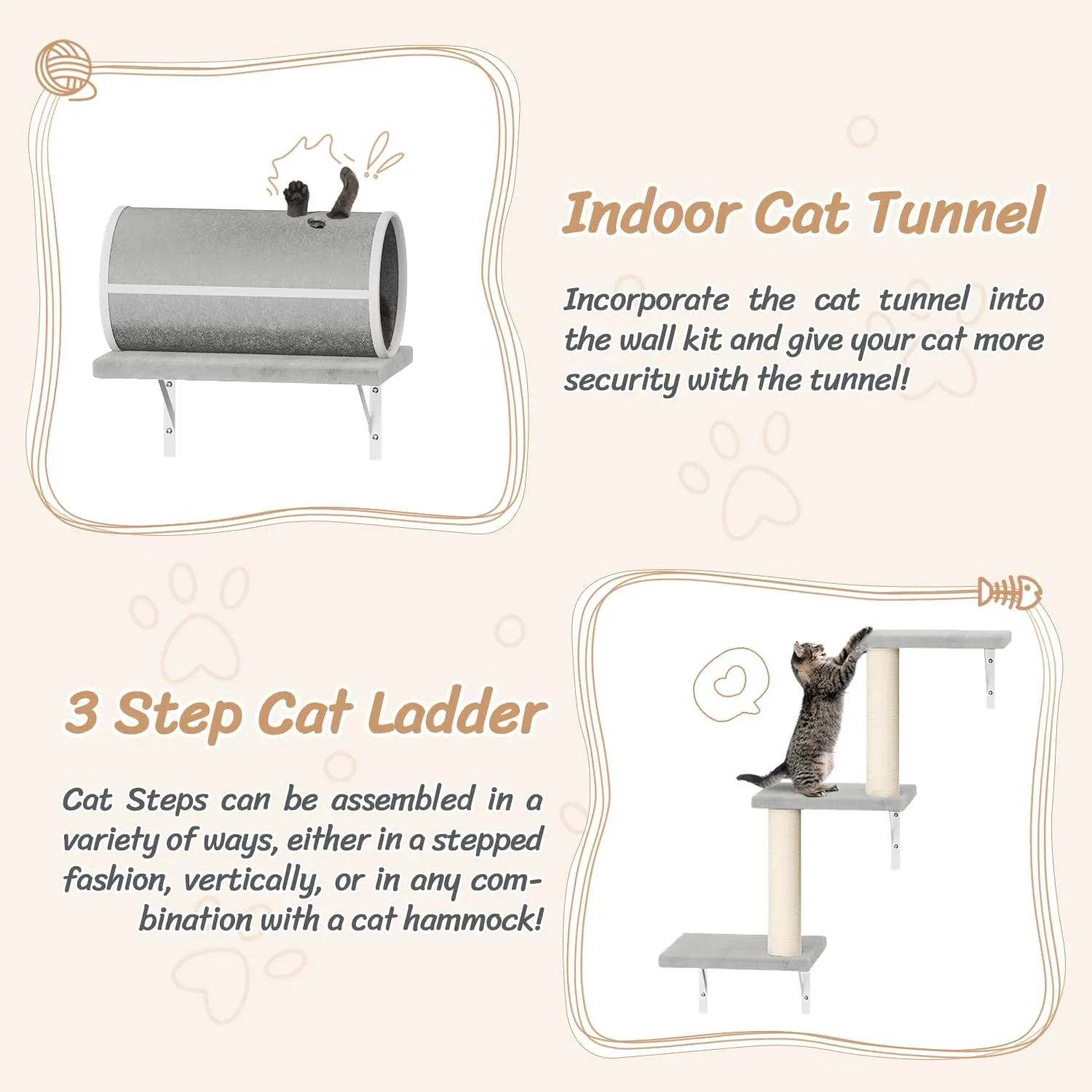 NUNU LAB Cat Wall Shelves Set, 7 Pcs Wall-Mounted Cat Climber with Cat House, Tunnel, Bridge, Scratching Post, Hammock, Wall Shelves, Gray
