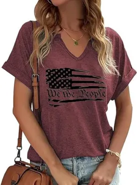 Patriotic Shirts for Women V Neck 4th of July America Flag Vintage Blouse Summer BBQ T-Shirt Memorial Tops Tee