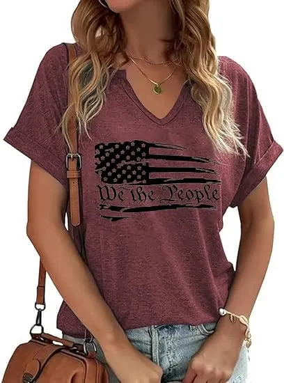 Patriotic Shirts for Women V Neck 4th of July America Flag Vintage Blouse Summer BBQ T-Shirt Memorial Tops Tee