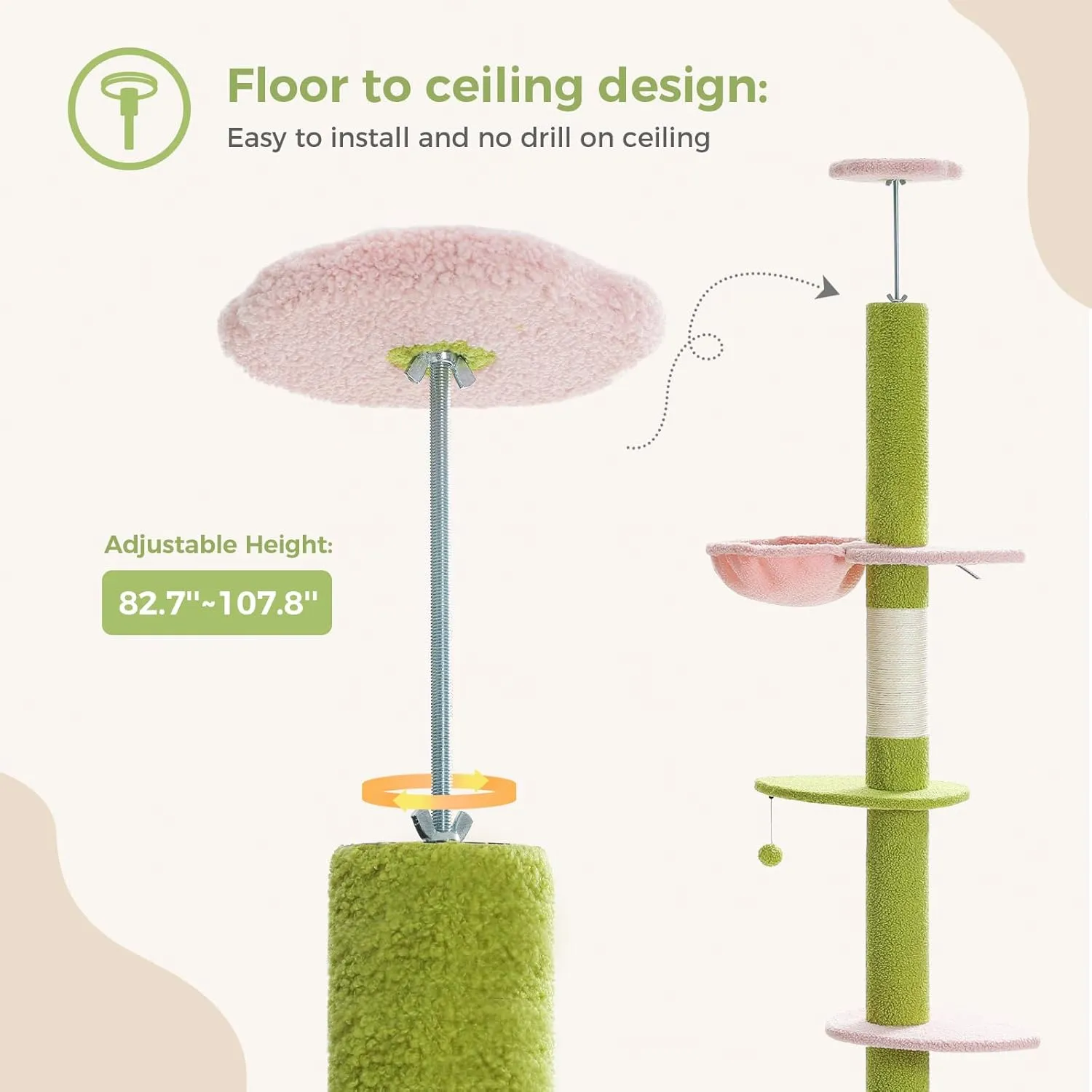 PEQULTI Cat Tree Floor to Ceiling, Green Cat Tower, Adjustable Height (83''-108'') 5 Tiers Tall Climbing Tree for Indoor Cats with Cat Condo, Scratching Post and Ladder, Light Green