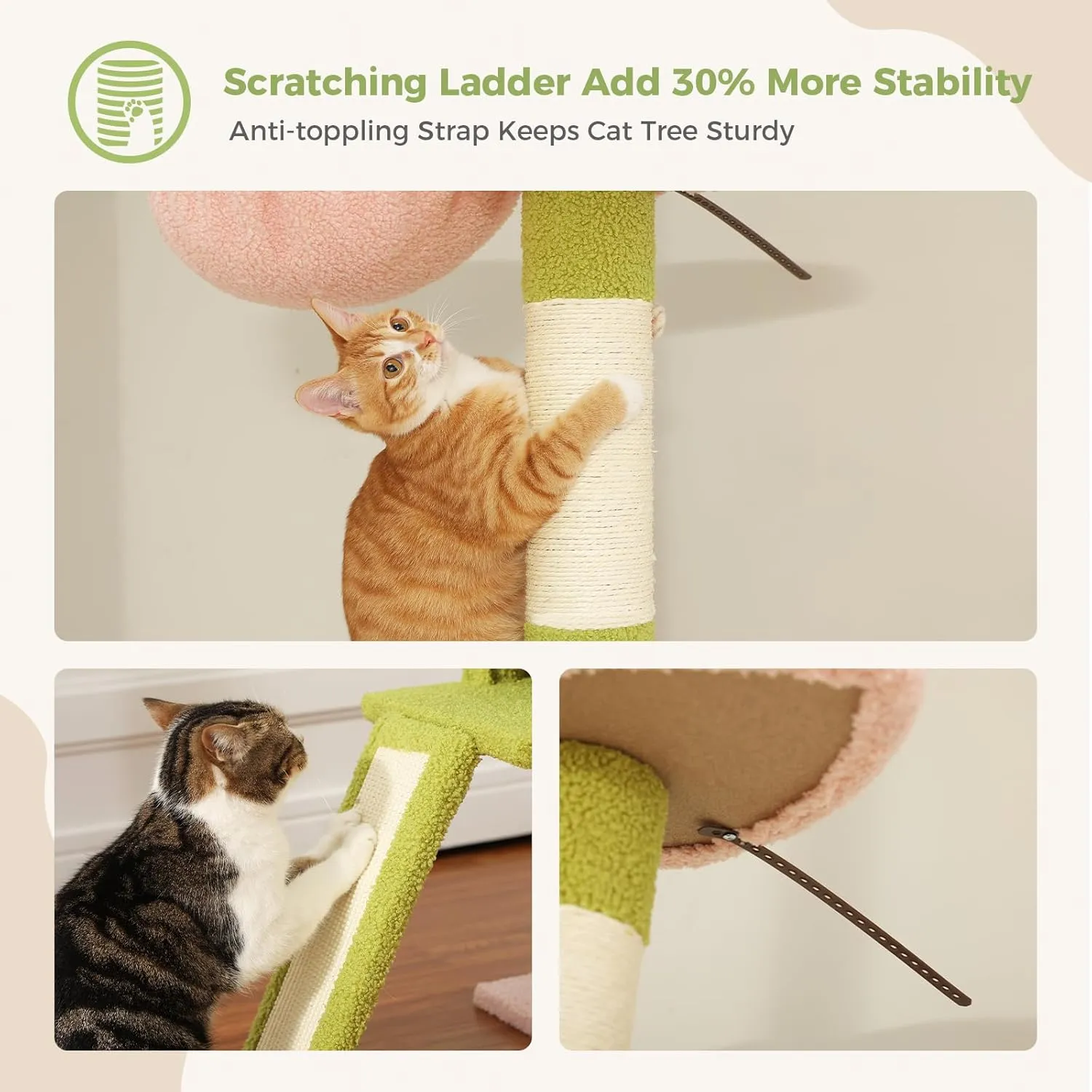 PEQULTI Cat Tree Floor to Ceiling, Green Cat Tower, Adjustable Height (83''-108'') 5 Tiers Tall Climbing Tree for Indoor Cats with Cat Condo, Scratching Post and Ladder, Light Green