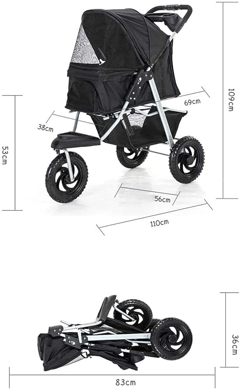 Pet Stroller for Dogs Cats, Foldable Shockproof Trolley Carrier with Front Swivel Wheels & Cup Holder 3 Wheels Travel Buggy, Grey (Grey)