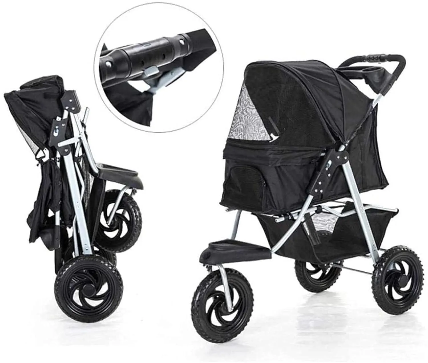 Pet Stroller for Dogs Cats, Foldable Shockproof Trolley Carrier with Front Swivel Wheels & Cup Holder 3 Wheels Travel Buggy, Grey (Grey)