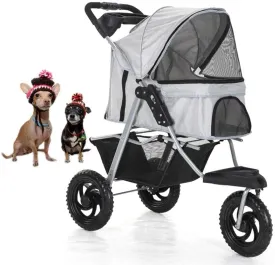 Pet Stroller for Dogs Cats, Foldable Shockproof Trolley Carrier with Front Swivel Wheels & Cup Holder 3 Wheels Travel Buggy, Grey (Grey)