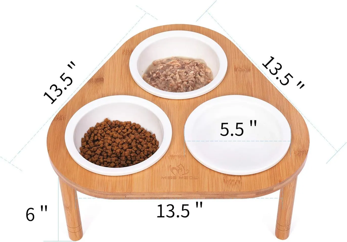 Raised Cat Feeder with Stand, Elevated Bamboo Stand with 3 Ceramic Bowls, Anti Slip and Removable Feet
