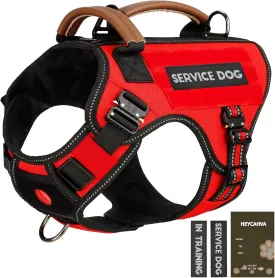 Service Dog Vest - HEYCAHVA Tactical Dog Harness Full Metal Buckles for Large Medium Dogs Reflective No Pull Dog Harnesses Vest with Leather Handle, Hook & Loop for Hiking Training (Red, XL)