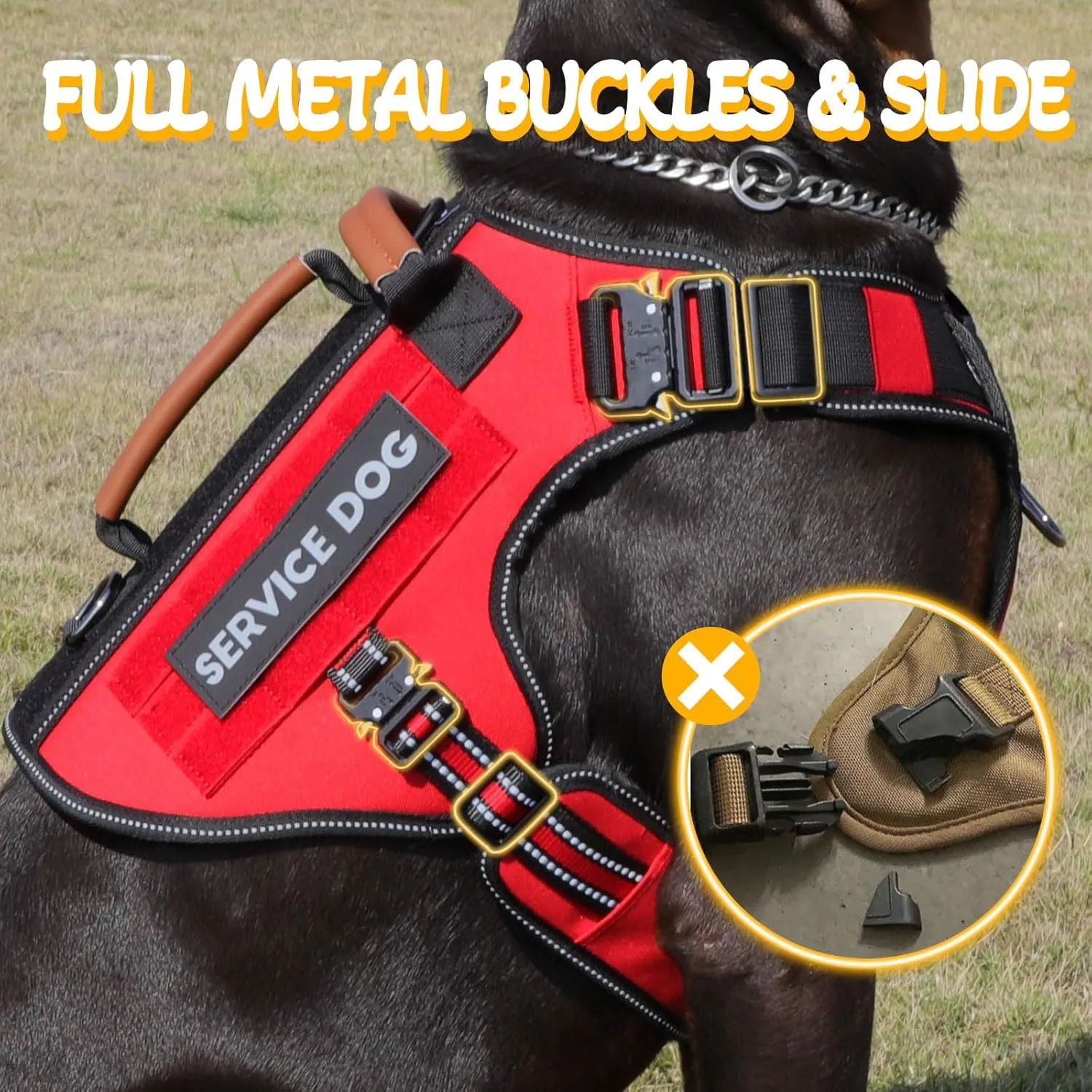 Service Dog Vest - HEYCAHVA Tactical Dog Harness Full Metal Buckles for Large Medium Dogs Reflective No Pull Dog Harnesses Vest with Leather Handle, Hook & Loop for Hiking Training (Red, XL)