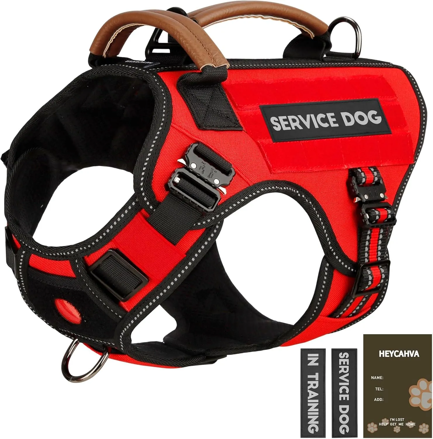 Service Dog Vest - HEYCAHVA Tactical Dog Harness Full Metal Buckles for Large Medium Dogs Reflective No Pull Dog Harnesses Vest with Leather Handle, Hook & Loop for Hiking Training (Red, XL)