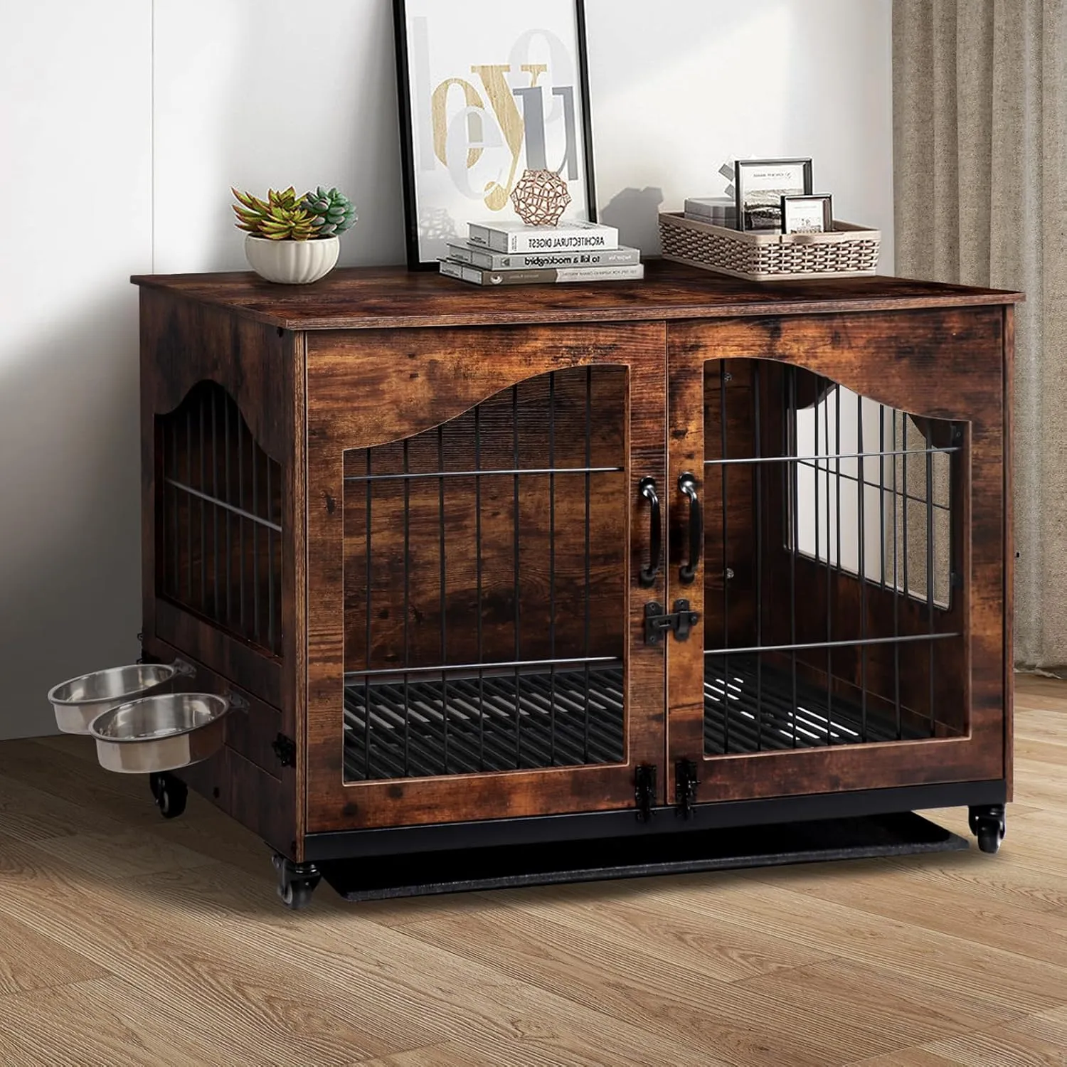 Snowtaros Dog Crate Furniture with 360 Rotatable Hidden Bowls, Heavy Duty Wooden Dog Kennel with Double Doors, Dog Cage End Table Indoor with Removable Tray Swiveling Wheels for Small Medium Dogs