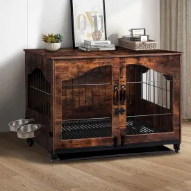 Snowtaros Dog Crate Furniture with 360 Rotatable Hidden Bowls, Heavy Duty Wooden Dog Kennel with Double Doors, Dog Cage End Table Indoor with Removable Tray Swiveling Wheels for Small Medium Dogs