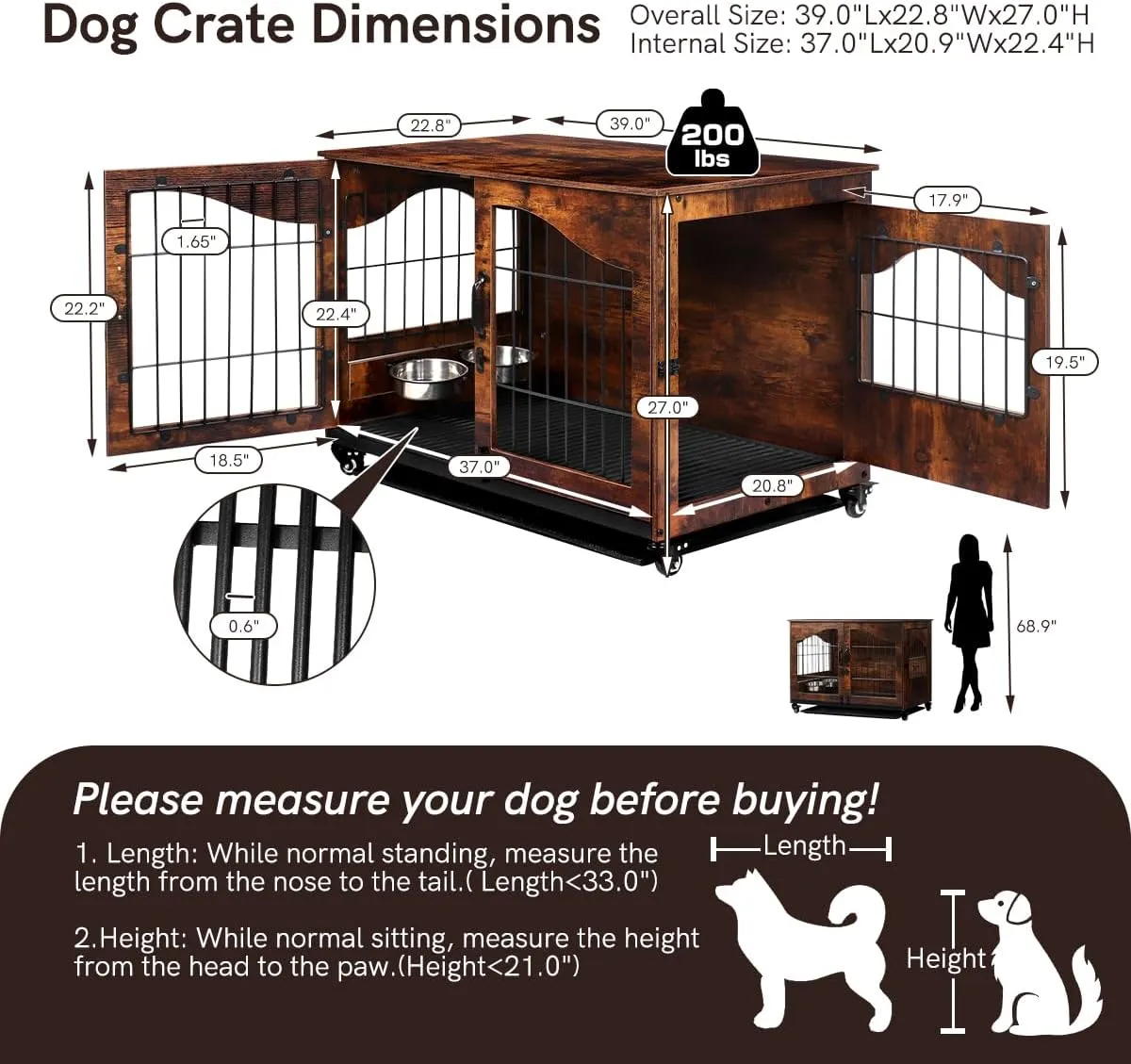 Snowtaros Dog Crate Furniture with 360 Rotatable Hidden Bowls, Heavy Duty Wooden Dog Kennel with Double Doors, Dog Cage End Table Indoor with Removable Tray Swiveling Wheels for Small Medium Dogs
