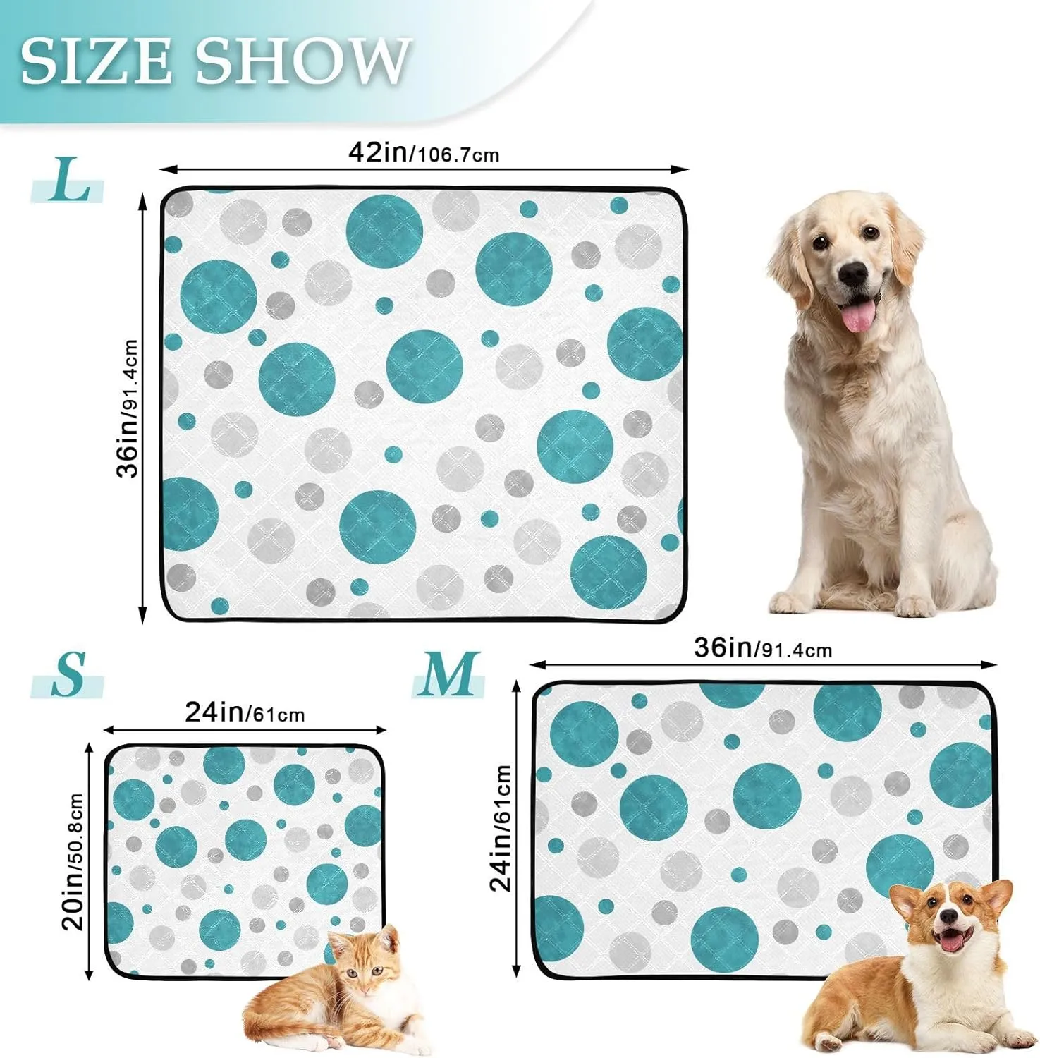 susiyo 3 Pcs Small Washable Pee Pads for Dogs Teal Gray and White Polka Dots Pattern Absorbent Reusable Puppy Training Pads