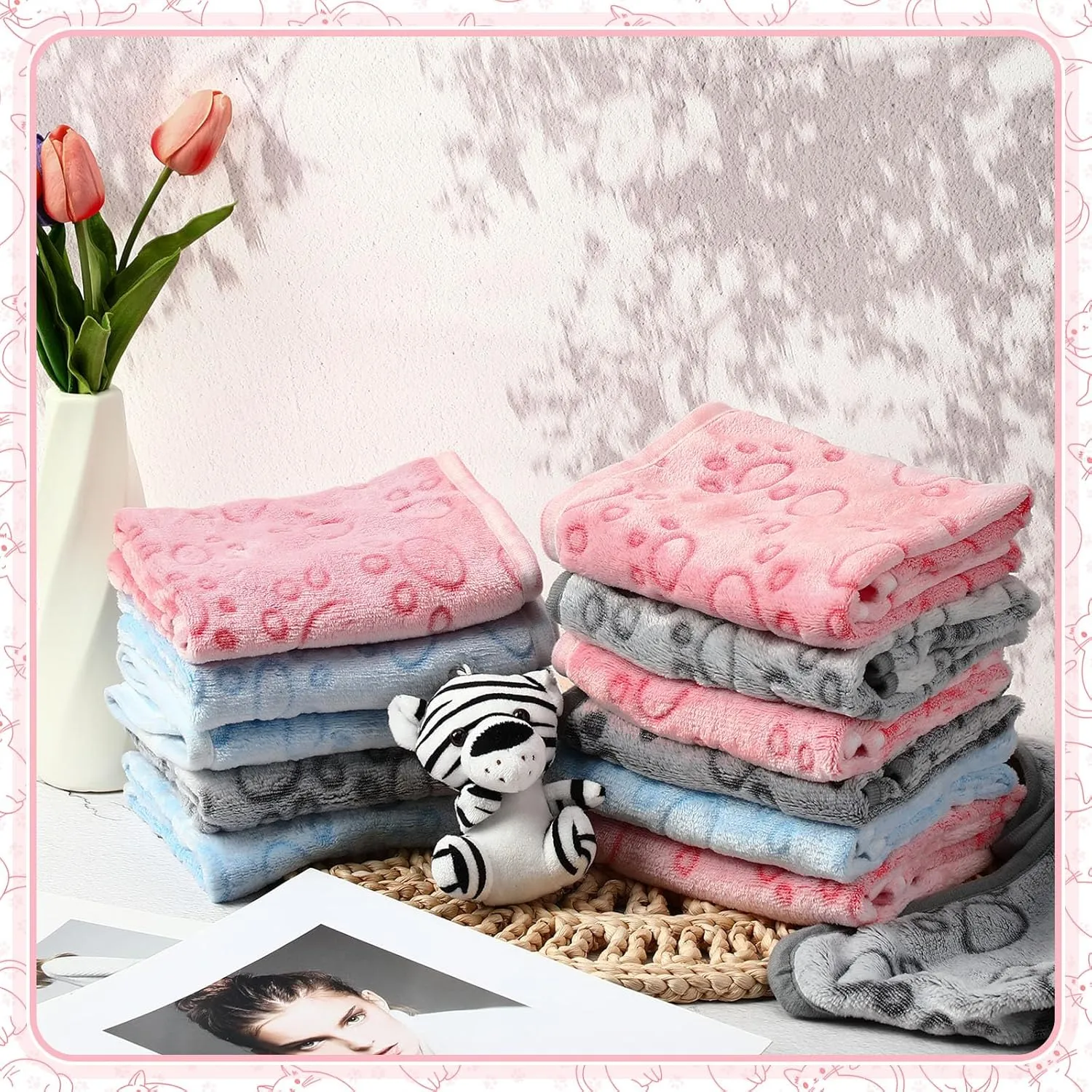Tegeme 12 Pieces Pet Blanket Soft Fleece Dog Fluffy Doggie Warm Felt Throw Spring Cute Paw Print Puppy Kitten Sleep Mat Bed Covers for Cat (30 x 20 Inch,Pink,Gray,Blue)
