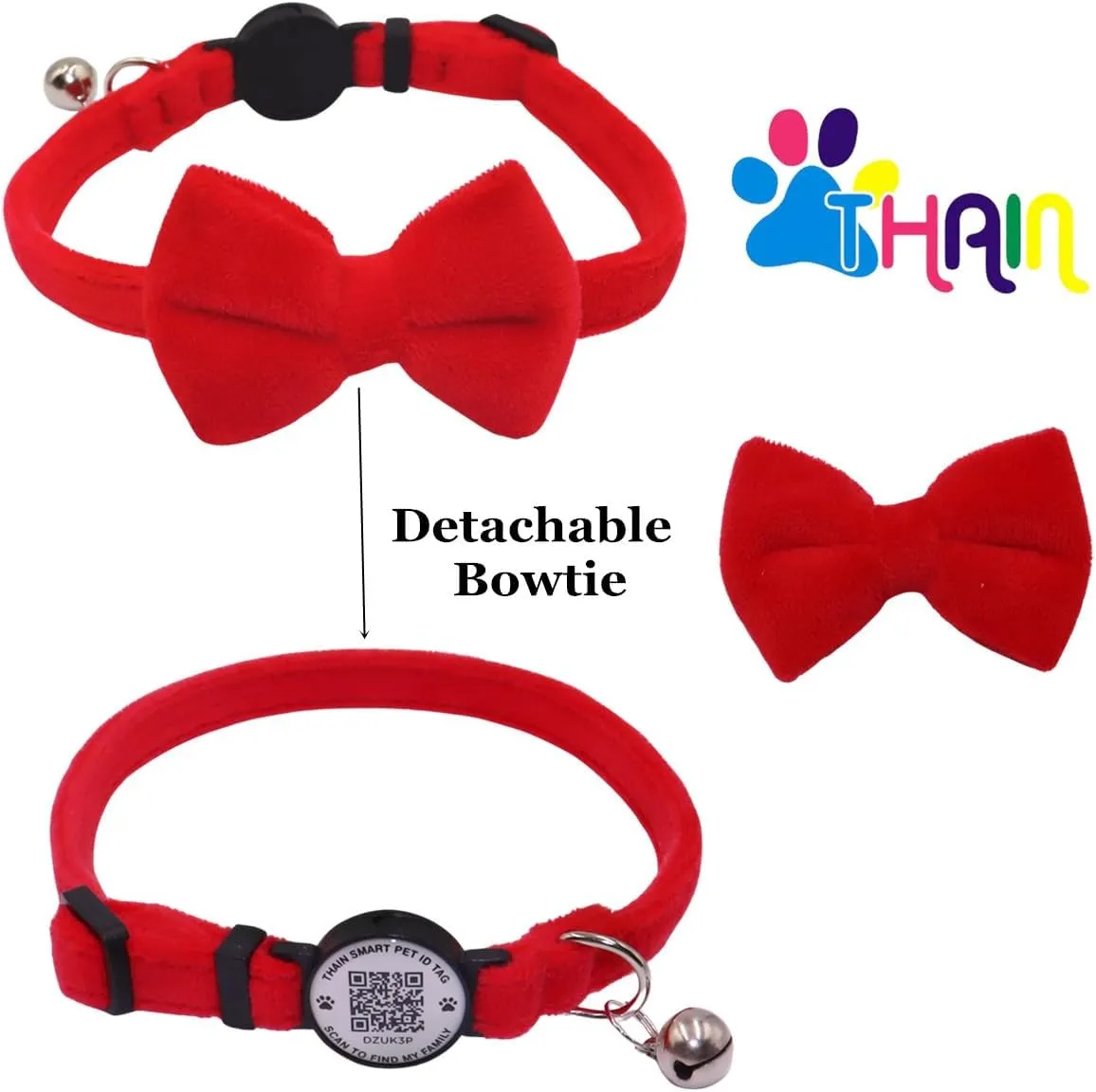 THAIN Personalized Cat Collar with Bell and Bowtie Breakaway QR Code Name Smart ID tag Quick Release Soft Comfortable Collar for Cats and Kittens (Red)
