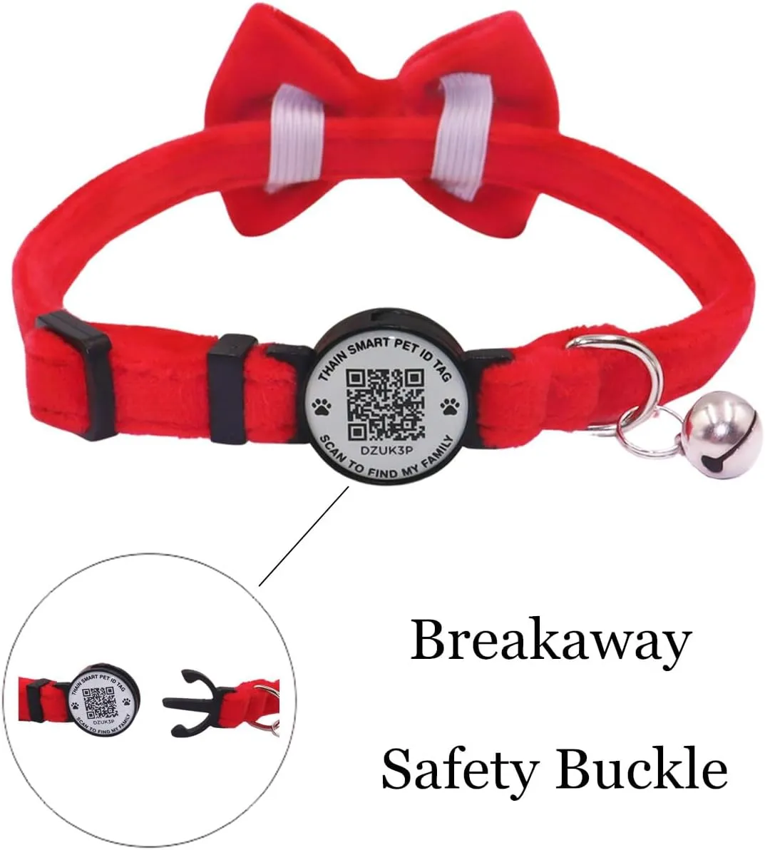 THAIN Personalized Cat Collar with Bell and Bowtie Breakaway QR Code Name Smart ID tag Quick Release Soft Comfortable Collar for Cats and Kittens (Red)