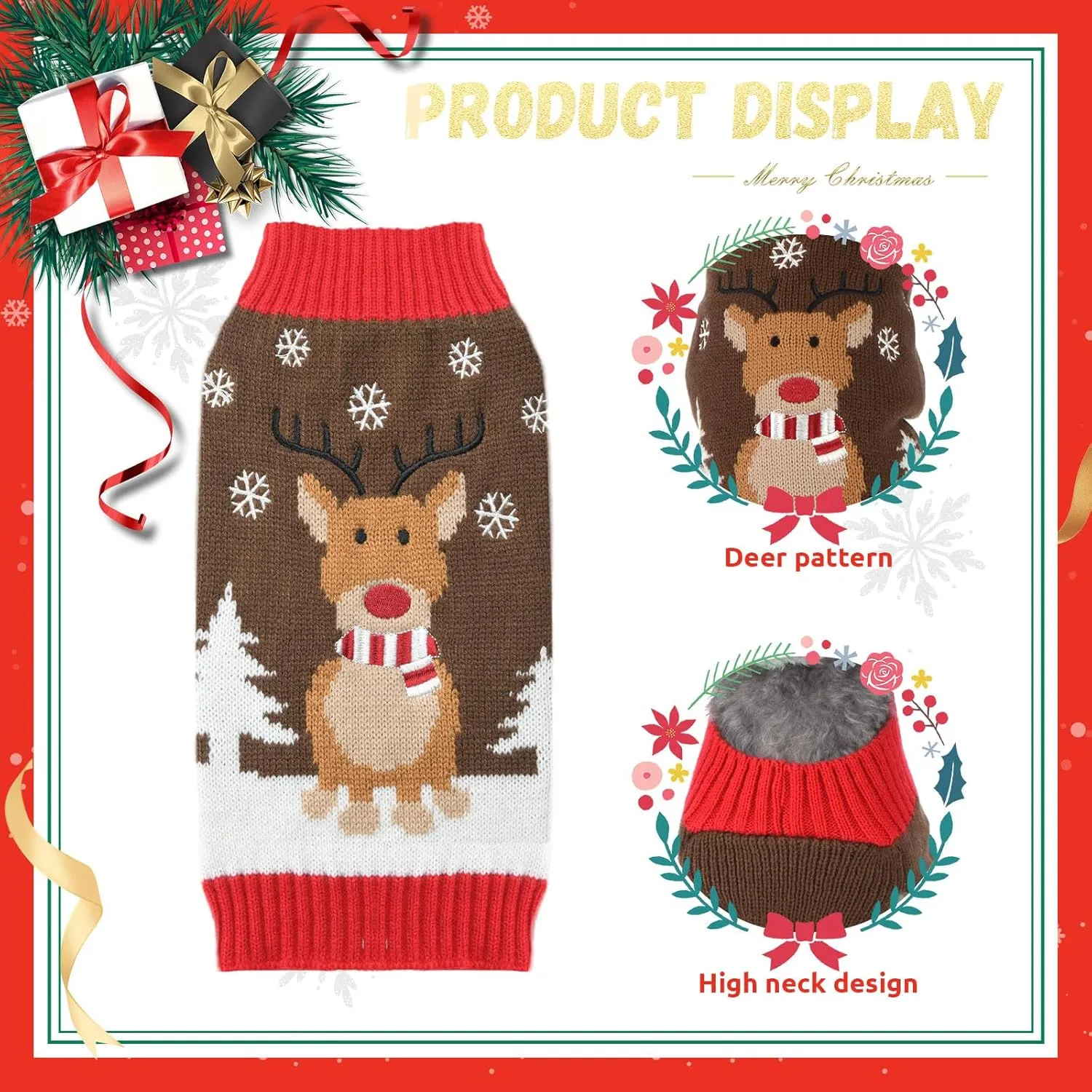Ugly Christmas Dog Sweaters Set for Small Medium Dogs Knitted Reindeer Pet Clothes Jumpers with Scarf Xmas Dog Accessories Apparel,M