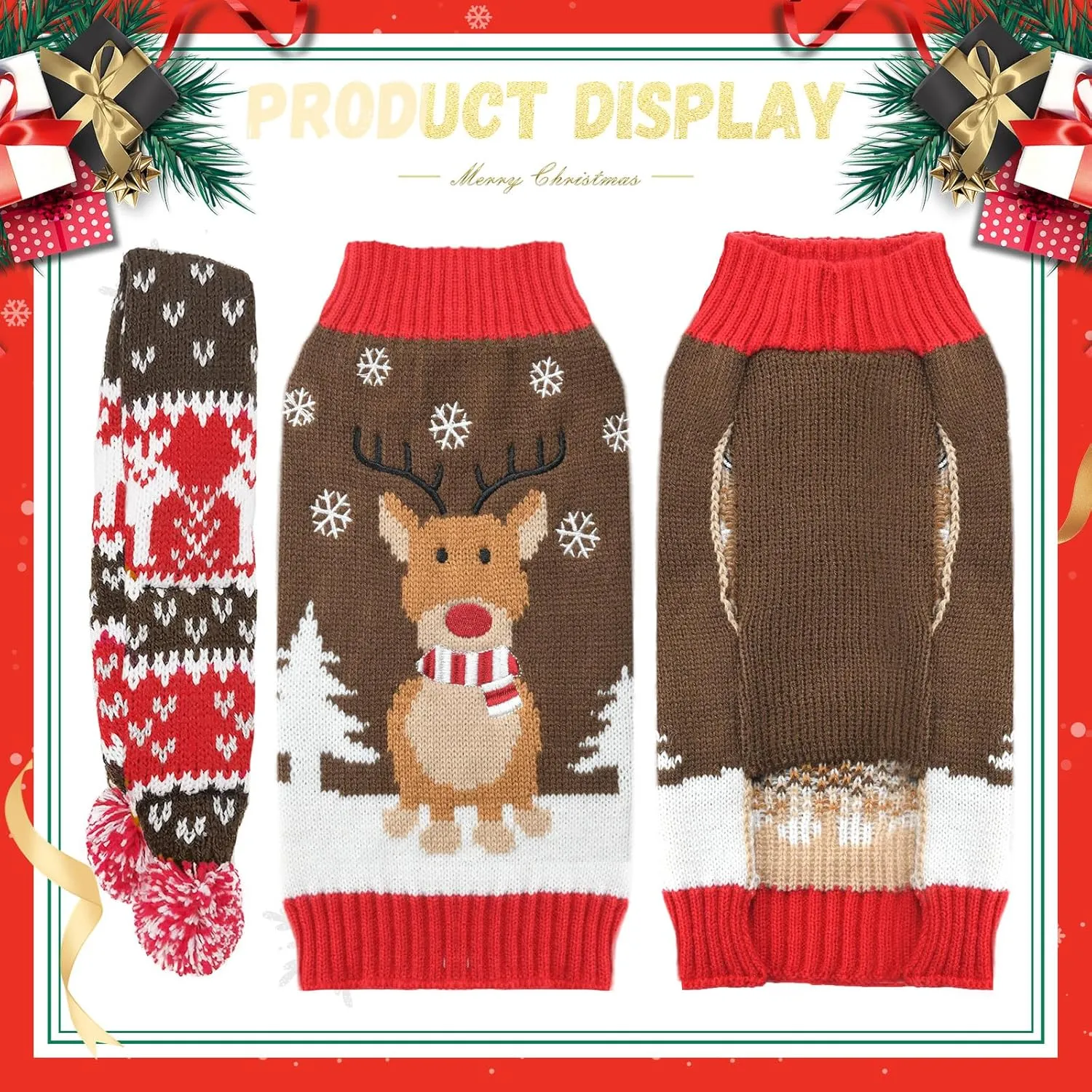 Ugly Christmas Dog Sweaters Set for Small Medium Dogs Knitted Reindeer Pet Clothes Jumpers with Scarf Xmas Dog Accessories Apparel,M