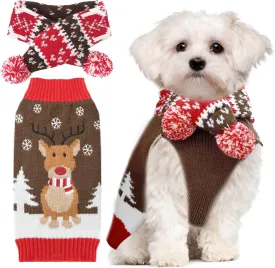 Ugly Christmas Dog Sweaters Set for Small Medium Dogs Knitted Reindeer Pet Clothes Jumpers with Scarf Xmas Dog Accessories Apparel,M