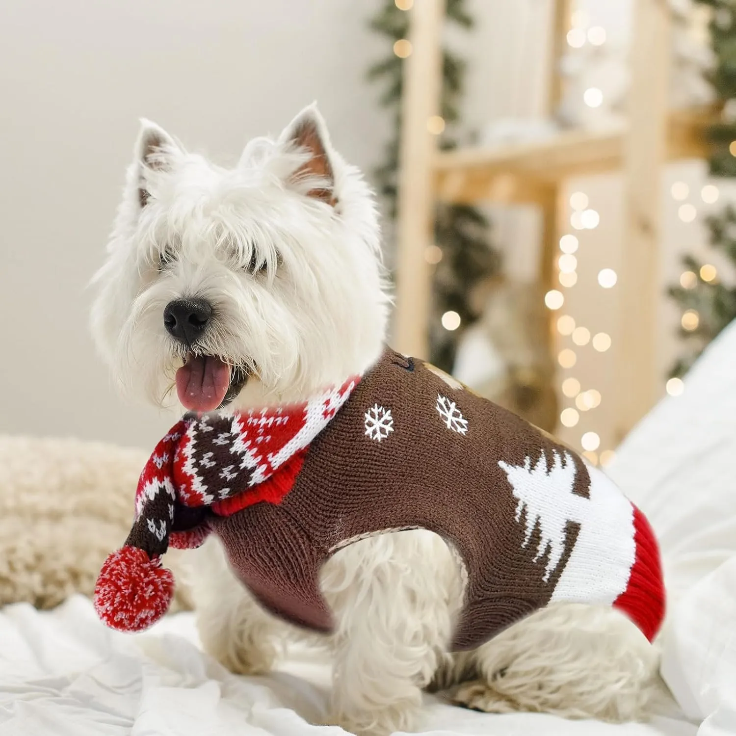 Ugly Christmas Dog Sweaters Set for Small Medium Dogs Knitted Reindeer Pet Clothes Jumpers with Scarf Xmas Dog Accessories Apparel,M
