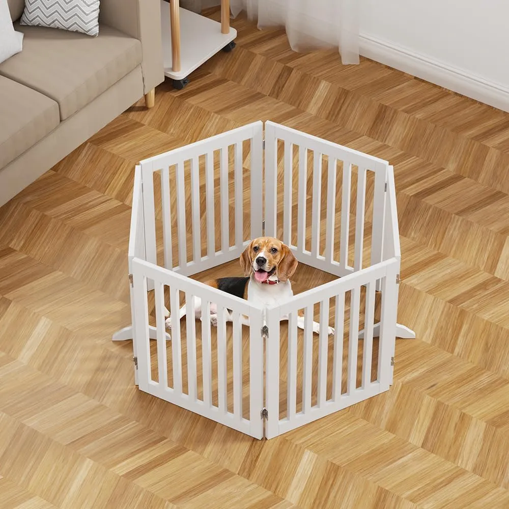unipaws 120" Extra Wide Pet Gate, Free Standing Dog Gate for Doorways, Stairs, Foldable Puppy & Room Divider, Wooden Playpen for The House, Indoor Use (24" H, White)