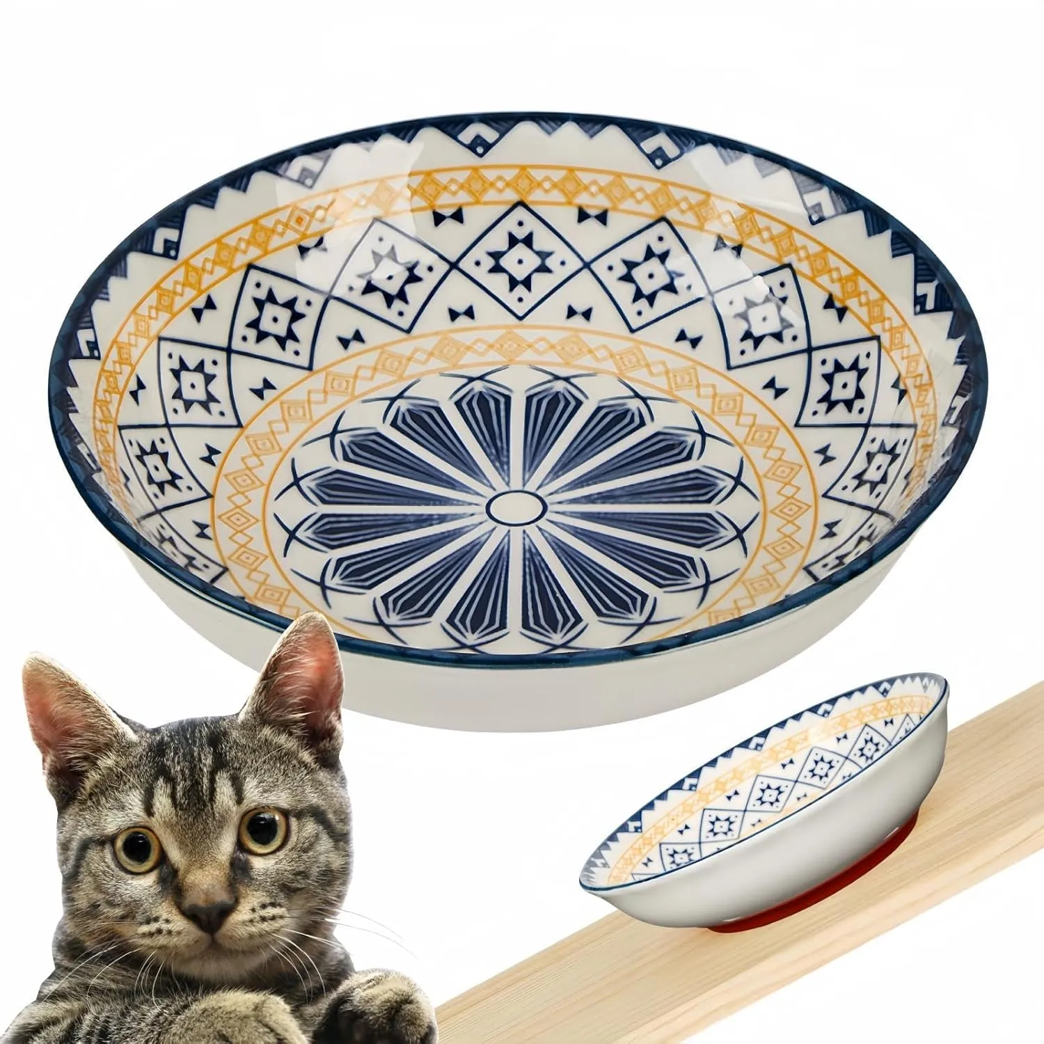 Whisker Fatigue Cat Bowl  5.5 in Ceramic Cats Food Bowl, Shallow Cat Food Dish, Cute Flat Pet Bowl, Small Wide Plates for Indoor Cats with Silicone Bottom, Non-Slip and Quiet