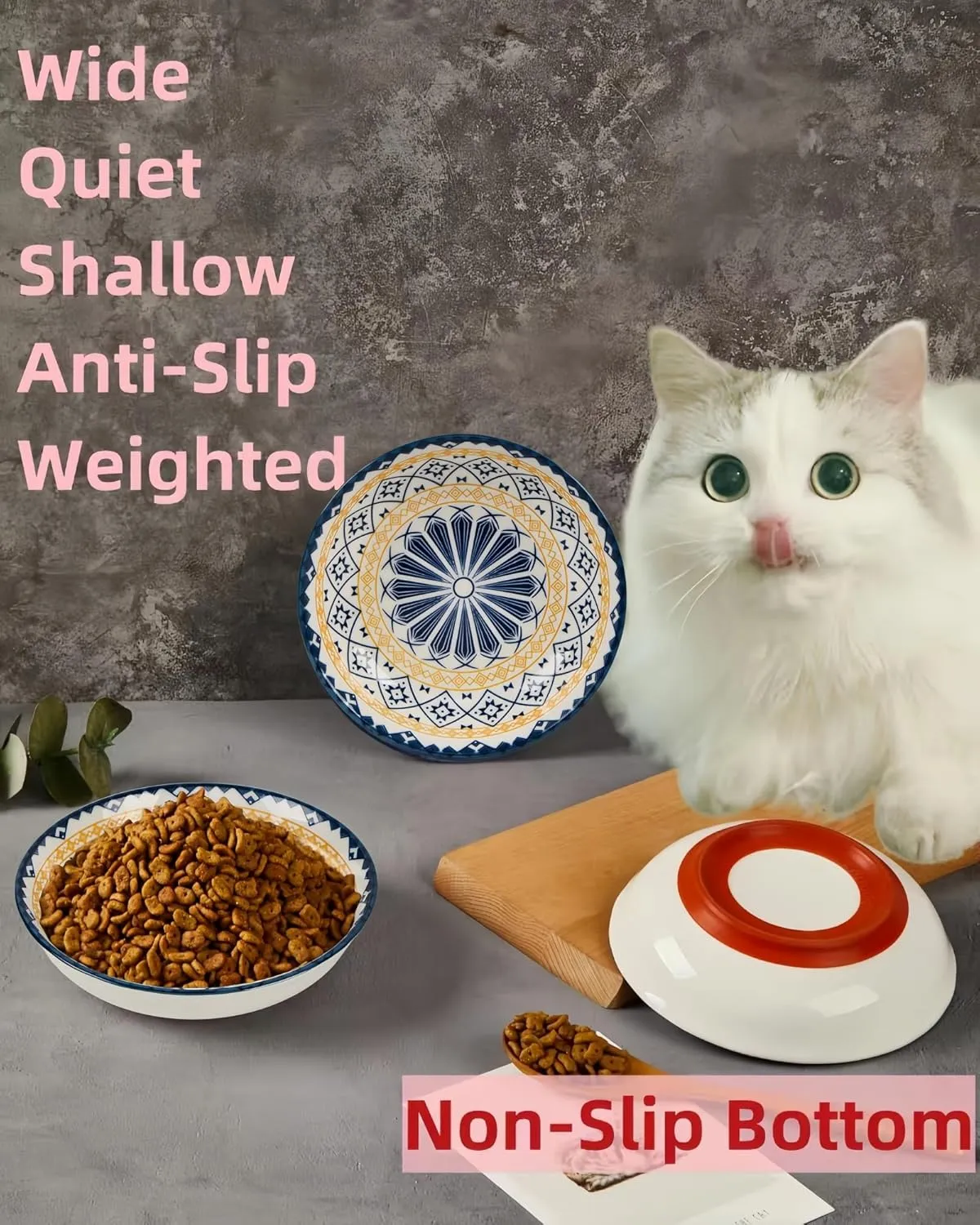 Whisker Fatigue Cat Bowl  5.5 in Ceramic Cats Food Bowl, Shallow Cat Food Dish, Cute Flat Pet Bowl, Small Wide Plates for Indoor Cats with Silicone Bottom, Non-Slip and Quiet