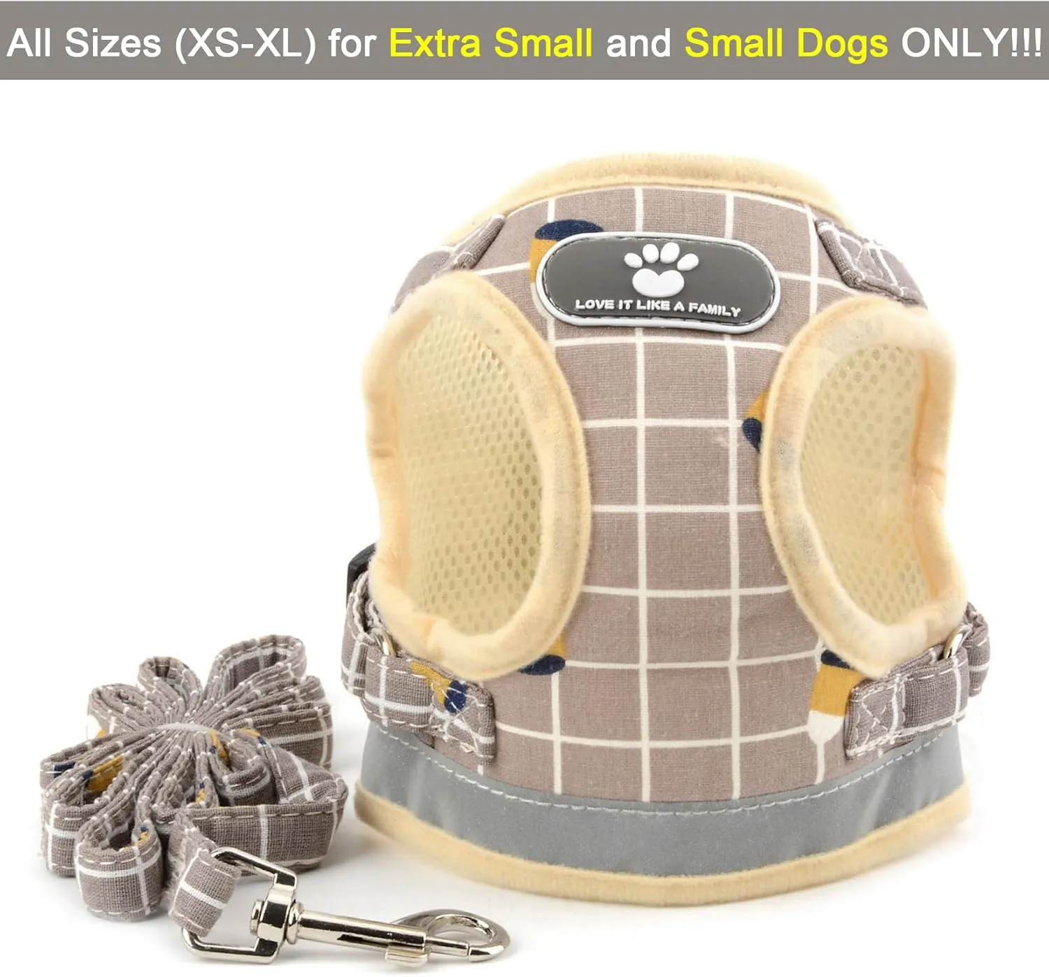Zunea No Pull Small Dog Harness and Leash Set Adjustable Reflective Step-in Chihuahua Vest Harnesses Mesh Padded Plaid Escape Proof Walking Puppy Jacket for Boy Girl Pet Dogs Cats Khaki M